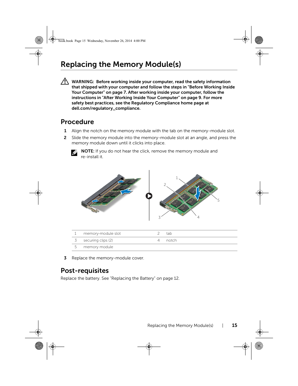 Replacing the memory module(s), Procedure, Post-requisites | Dell Inspiron 17 (7746, Early 2015) User Manual | Page 15 / 61