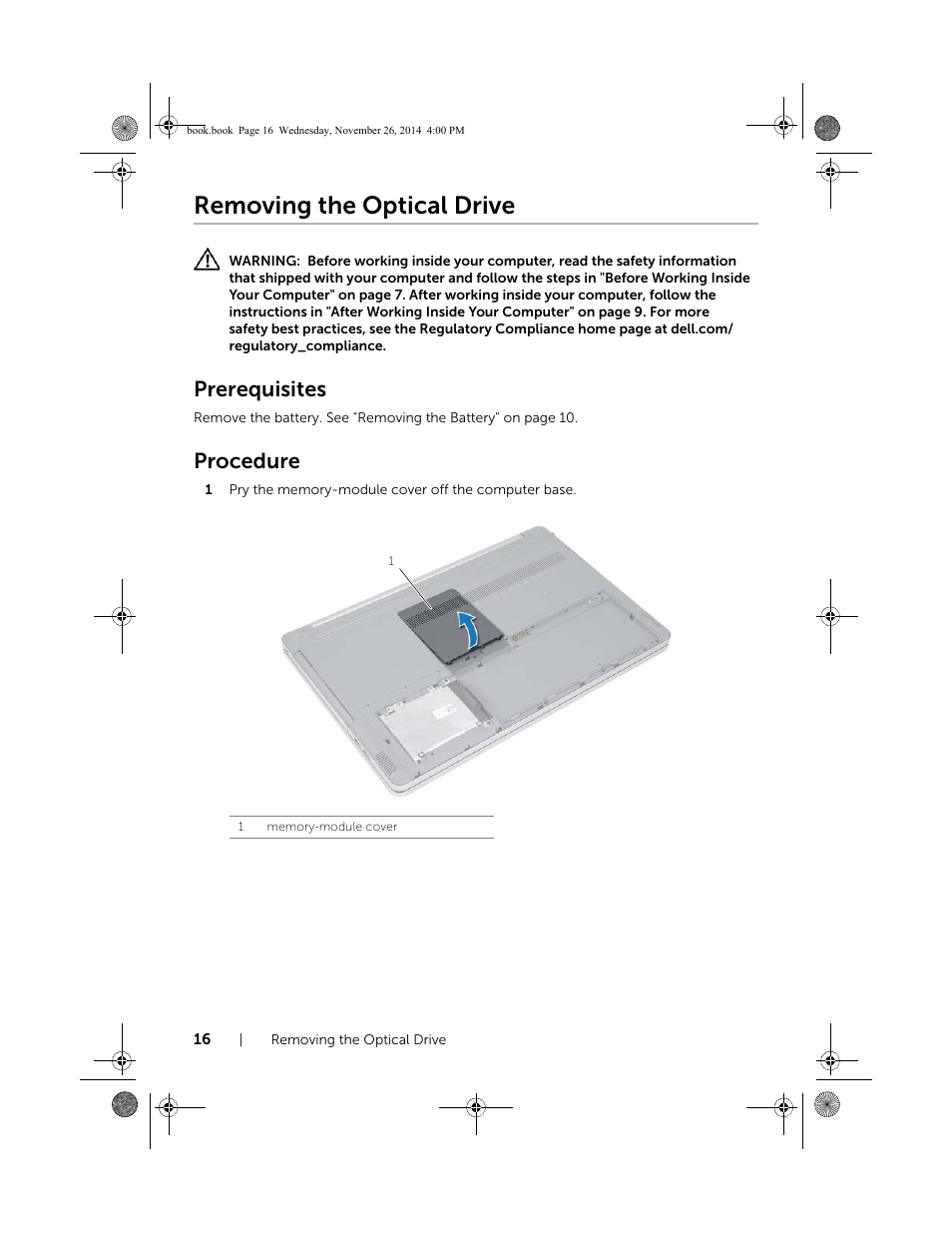 Removing the optical drive, Prerequisites, Procedure | Dell Inspiron 17 (7746, Early 2015) User Manual | Page 16 / 61