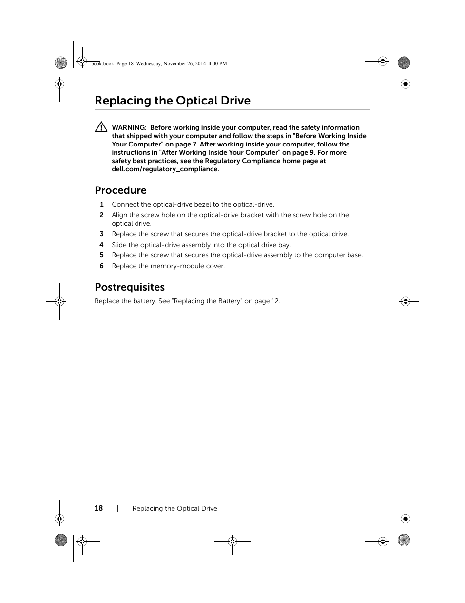 Replacing the optical drive, Procedure, Postrequisites | Dell Inspiron 17 (7746, Early 2015) User Manual | Page 18 / 61