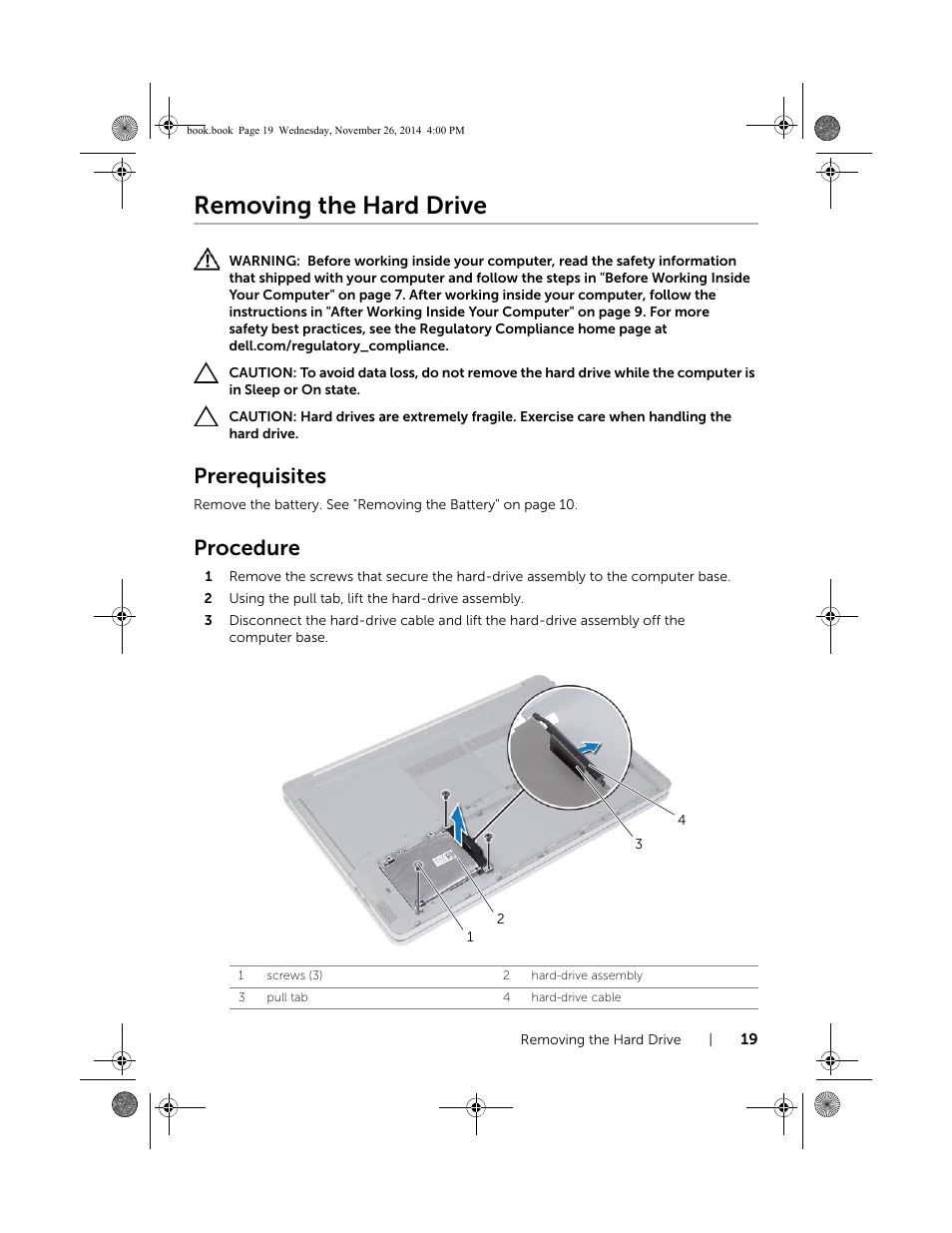 Removing the hard drive, Prerequisites, Procedure | Dell Inspiron 17 (7746, Early 2015) User Manual | Page 19 / 61