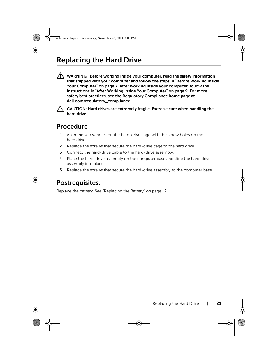 Replacing the hard drive, Procedure, Postrequisites | Dell Inspiron 17 (7746, Early 2015) User Manual | Page 21 / 61