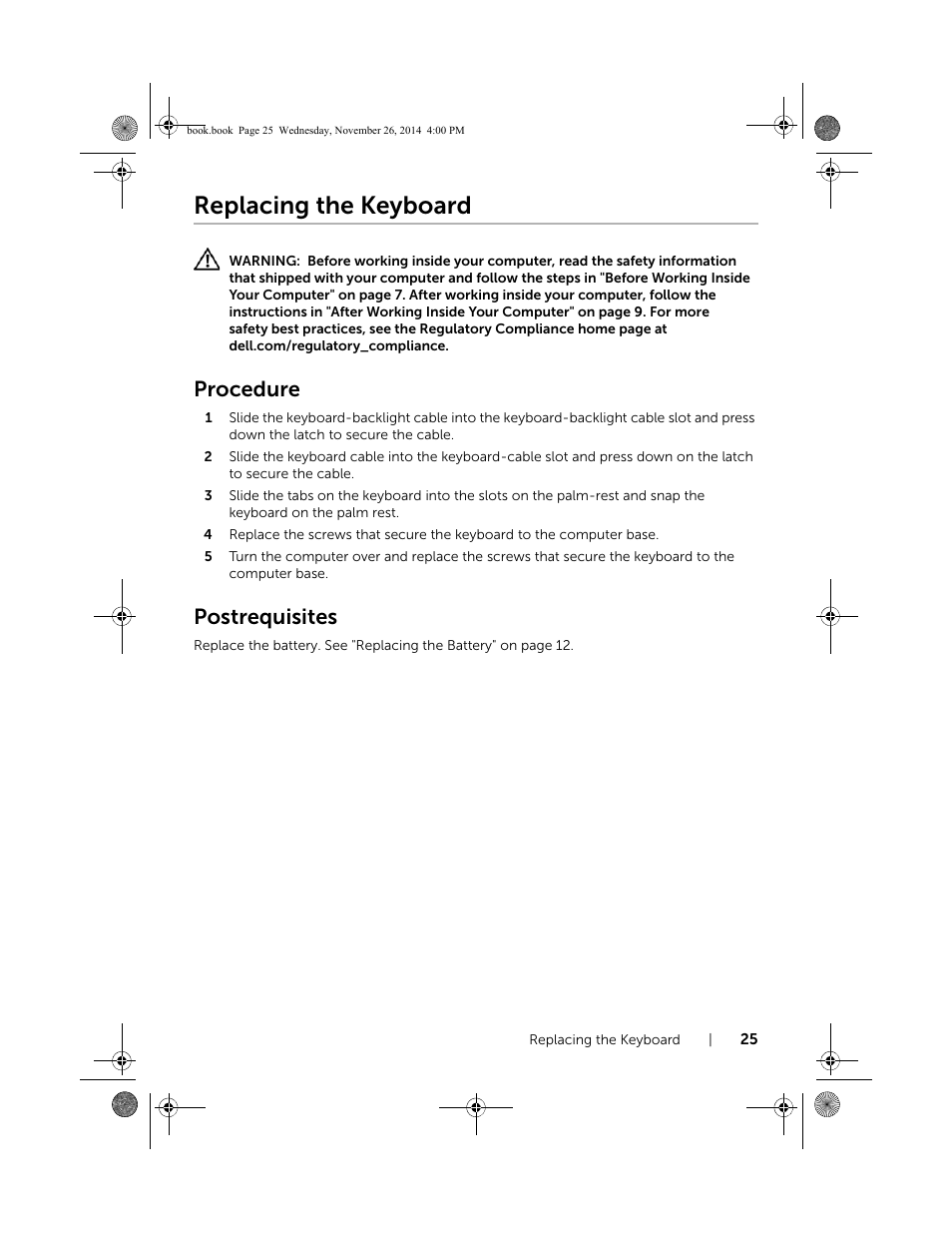 Replacing the keyboard, Procedure, Postrequisites | Dell Inspiron 17 (7746, Early 2015) User Manual | Page 25 / 61