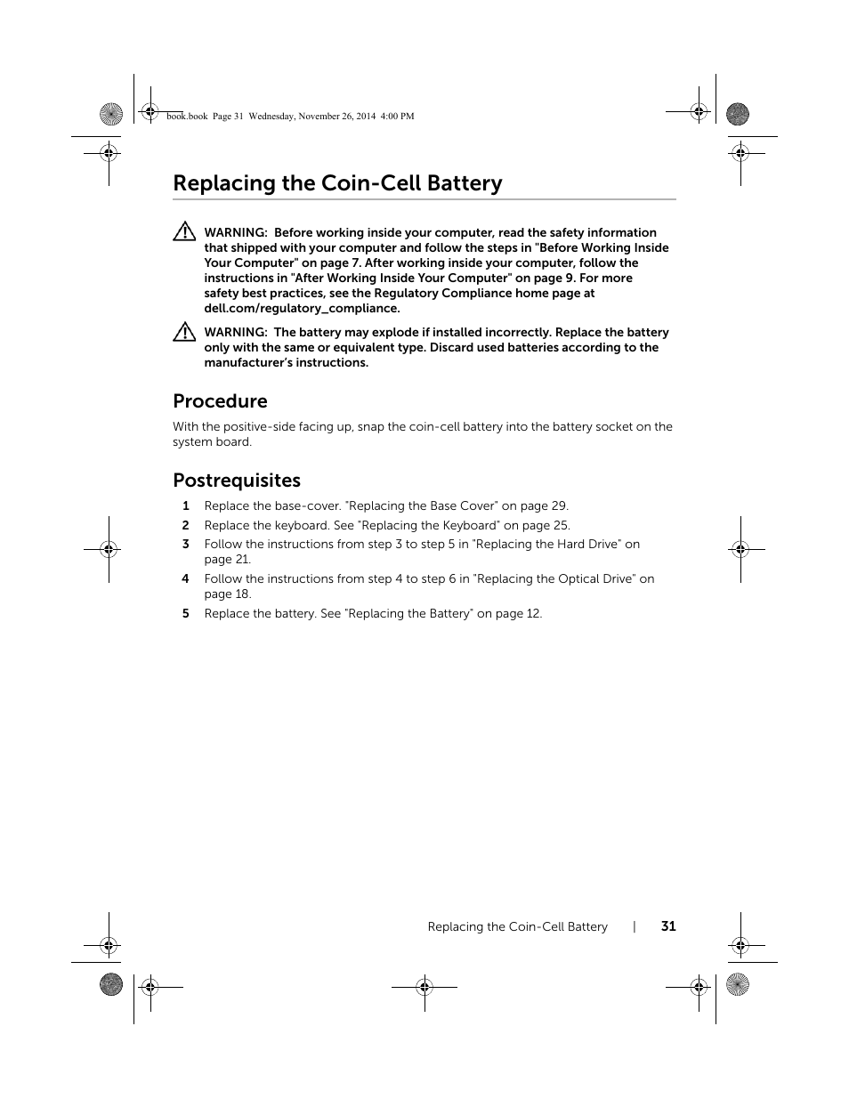 Replacing the coin-cell battery, Procedure, Postrequisites | Dell Inspiron 17 (7746, Early 2015) User Manual | Page 31 / 61
