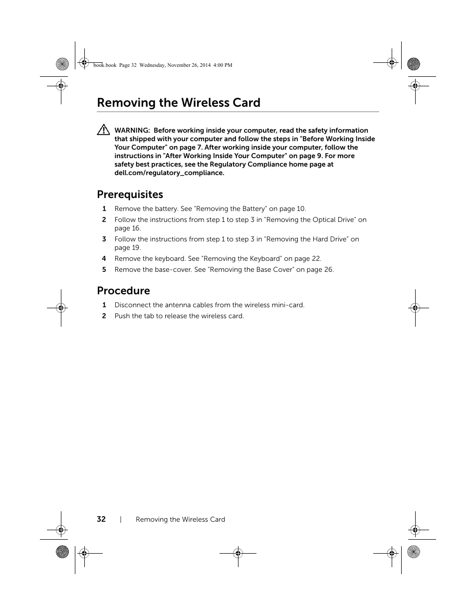 Removing the wireless card, Prerequisites, Procedure | Dell Inspiron 17 (7746, Early 2015) User Manual | Page 32 / 61
