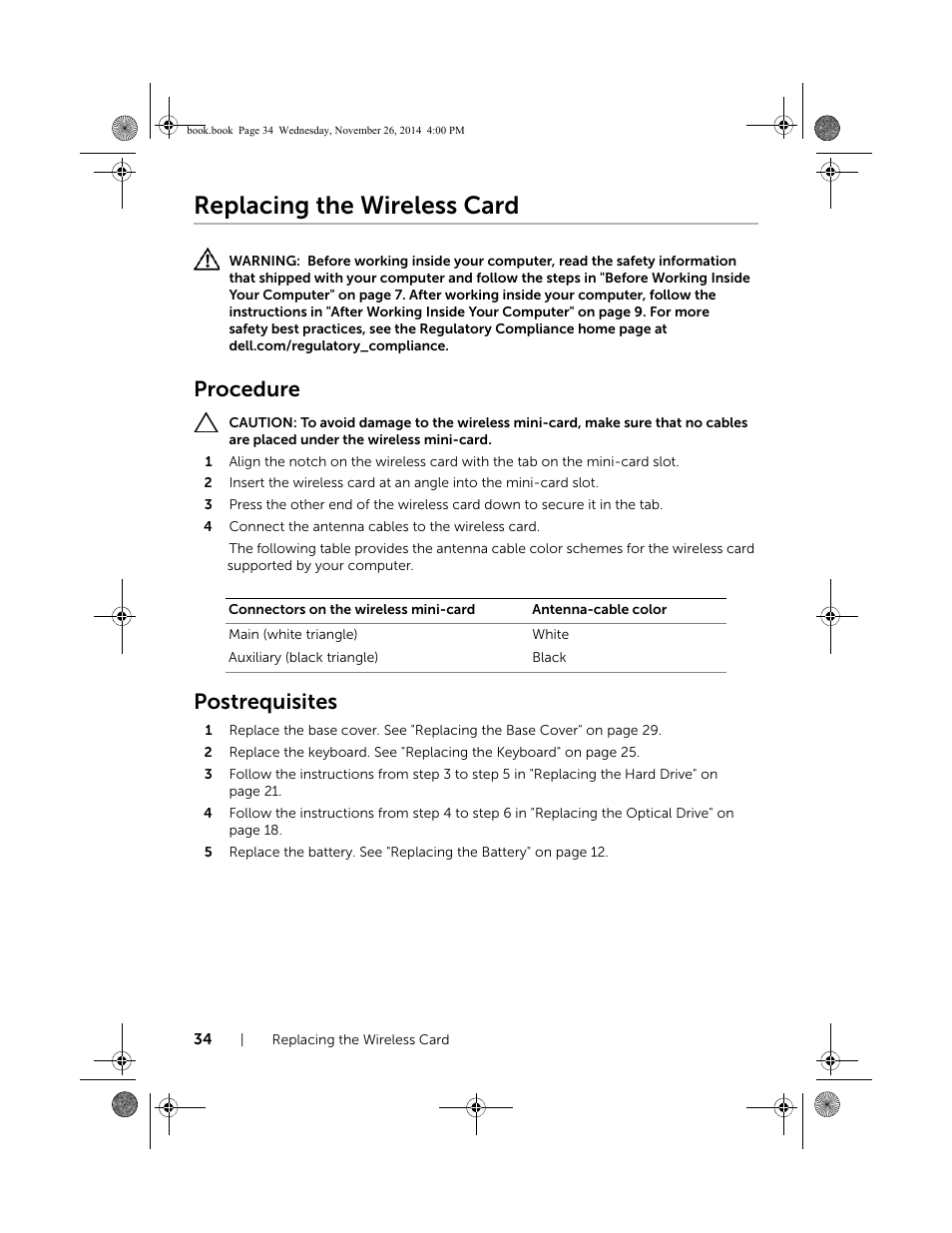Replacing the wireless card, Procedure, Postrequisites | Dell Inspiron 17 (7746, Early 2015) User Manual | Page 34 / 61