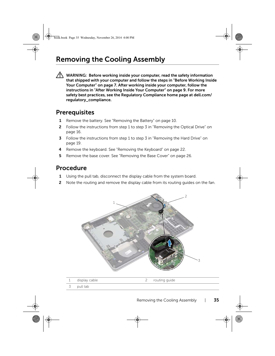 Removing the cooling assembly, Prerequisites, Procedure | Dell Inspiron 17 (7746, Early 2015) User Manual | Page 35 / 61