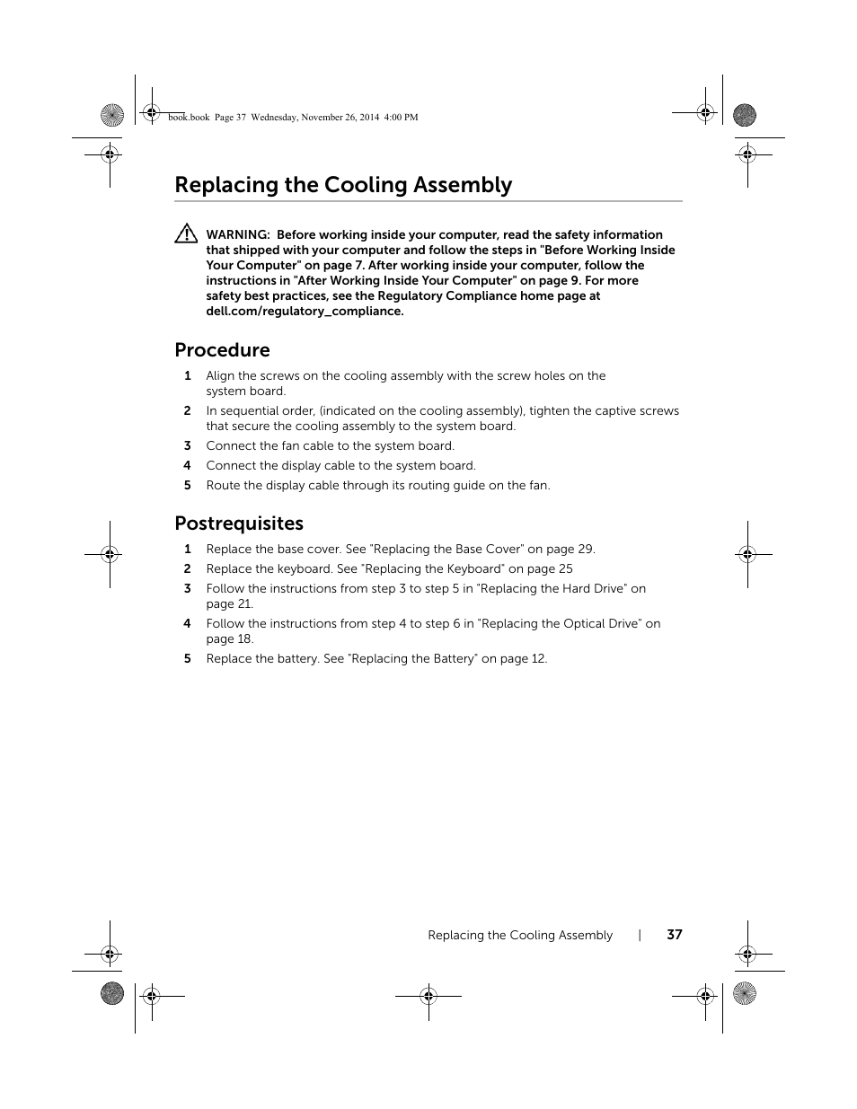 Replacing the cooling assembly, Procedure, Postrequisites | Dell Inspiron 17 (7746, Early 2015) User Manual | Page 37 / 61