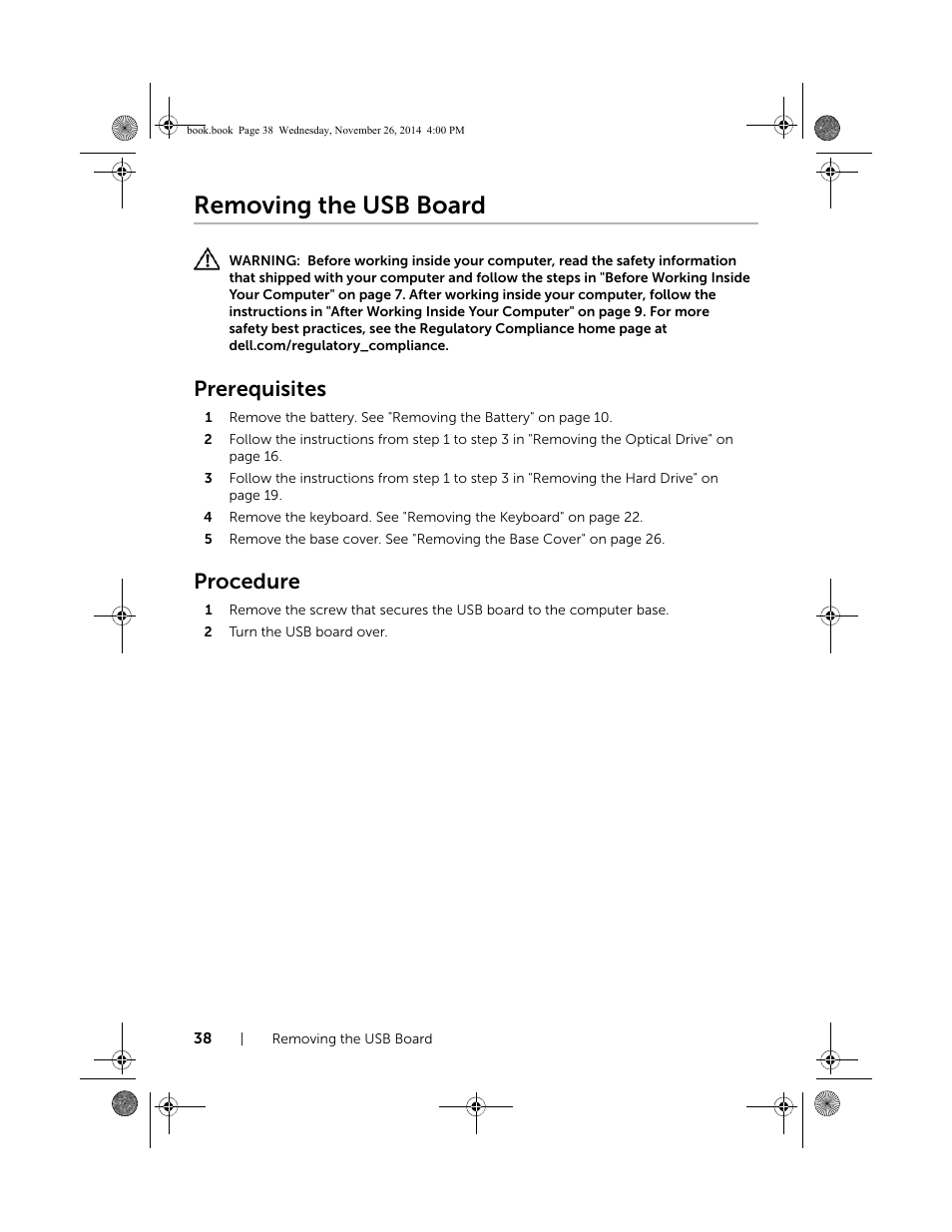 Removing the usb board, Prerequisites, Procedure | Dell Inspiron 17 (7746, Early 2015) User Manual | Page 38 / 61