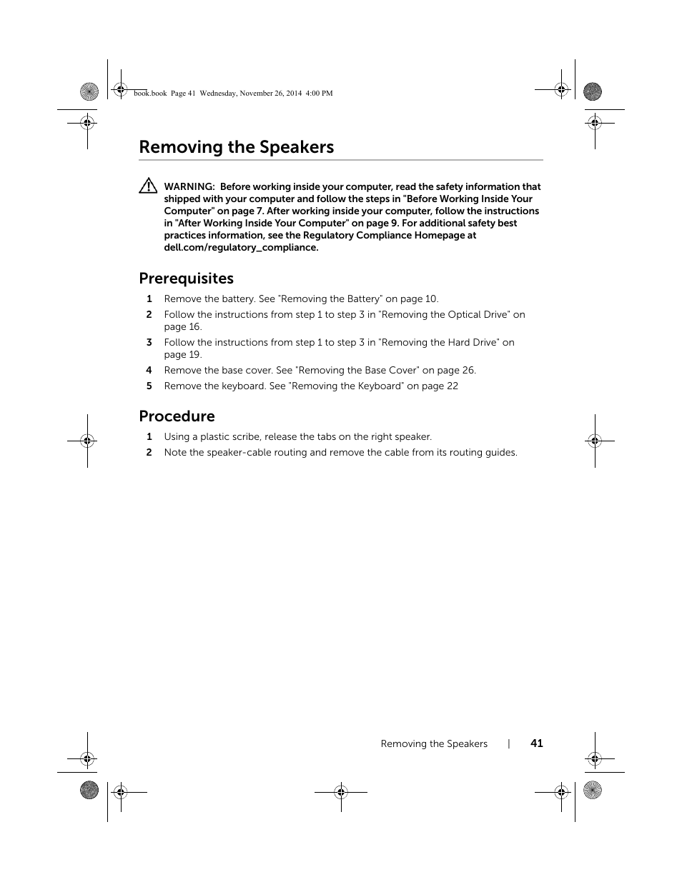Removing the speakers, Prerequisites, Procedure | Dell Inspiron 17 (7746, Early 2015) User Manual | Page 41 / 61