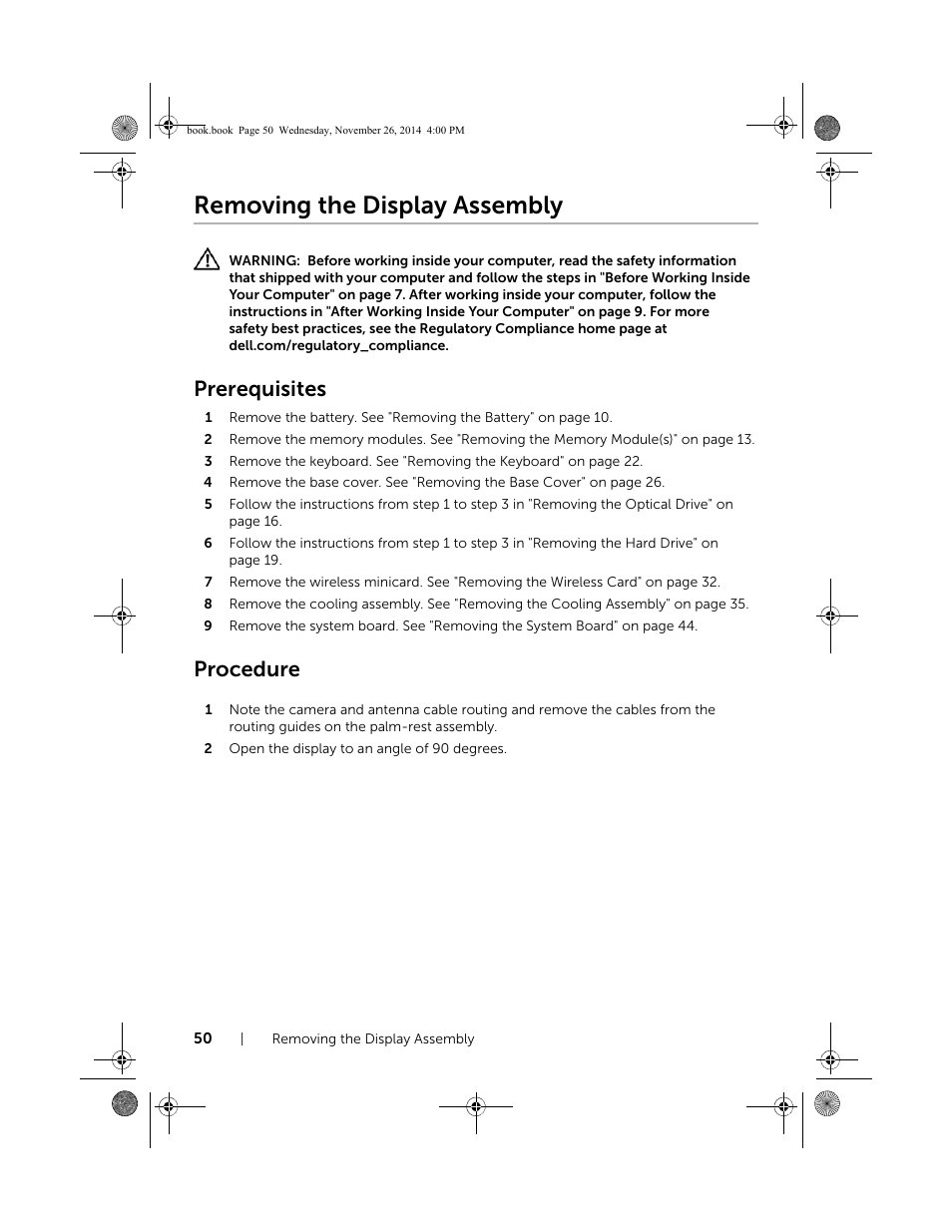 Removing the display assembly, Prerequisites, Procedure | Dell Inspiron 17 (7746, Early 2015) User Manual | Page 50 / 61