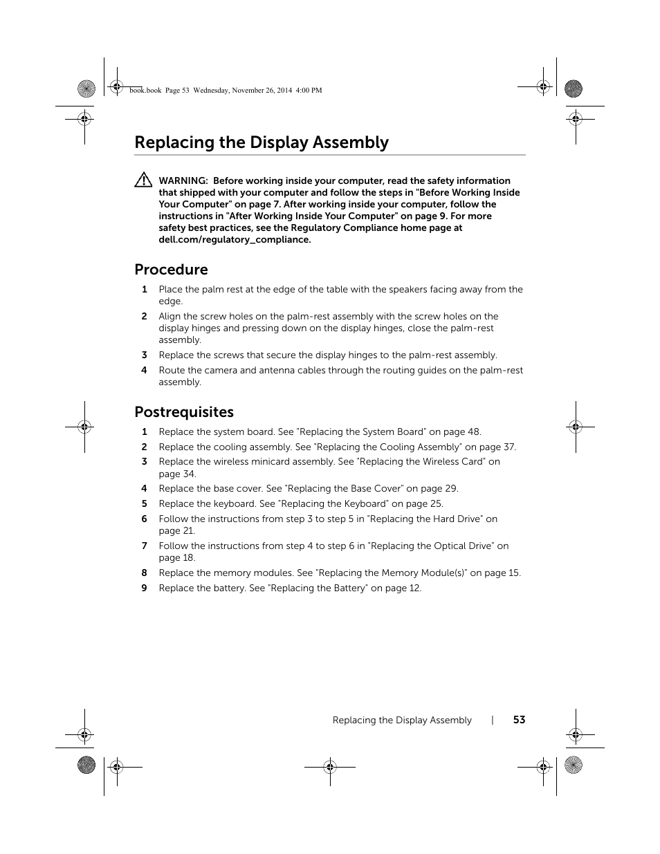Replacing the display assembly, Procedure, Postrequisites | Dell Inspiron 17 (7746, Early 2015) User Manual | Page 53 / 61