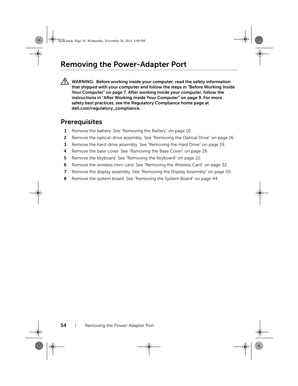 Removing the power-adapter port, Prerequisites | Dell Inspiron 17 (7746, Early 2015) User Manual | Page 54 / 61