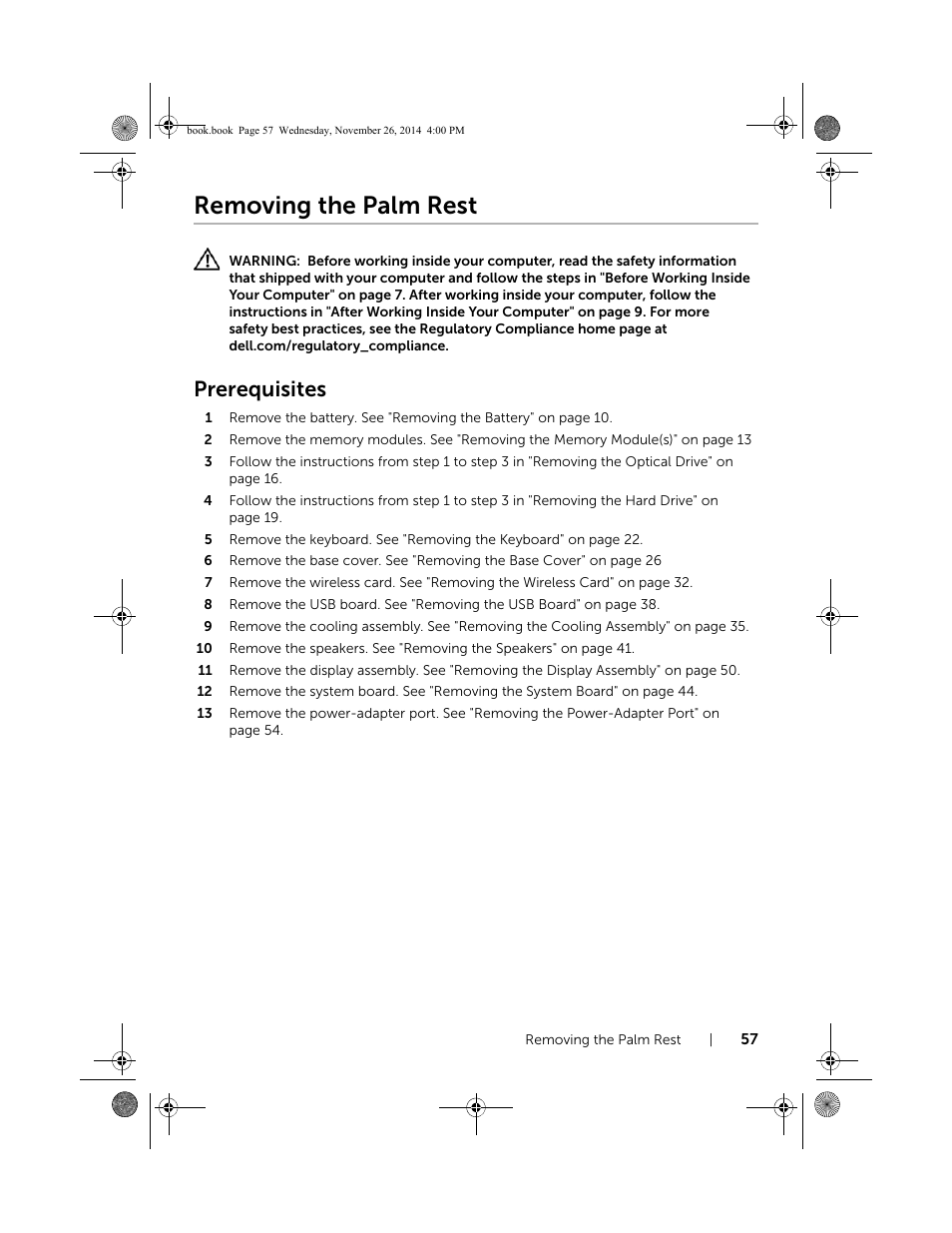 Removing the palm rest, Prerequisites | Dell Inspiron 17 (7746, Early 2015) User Manual | Page 57 / 61