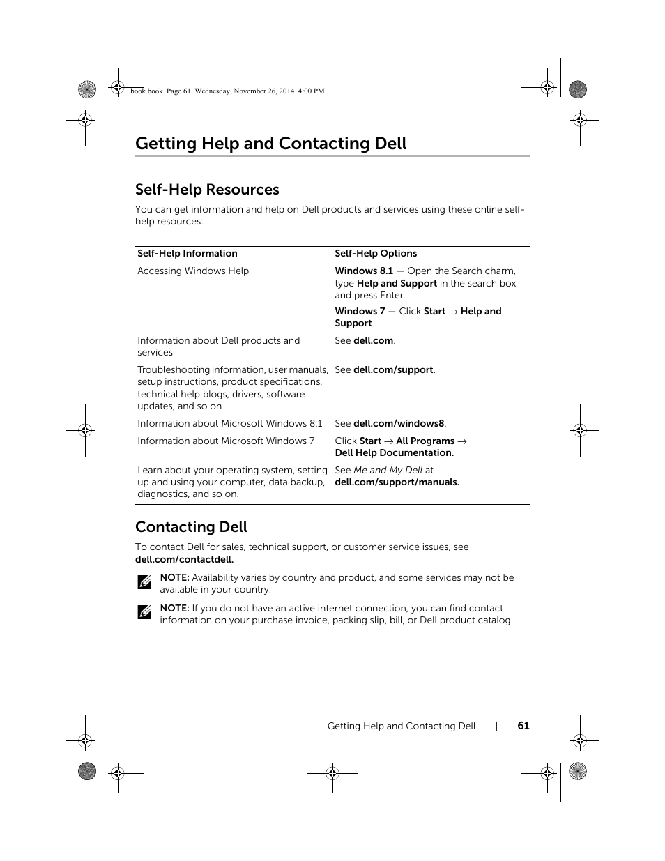 Getting help and contacting dell, Self-help resources, Contacting dell | Dell Inspiron 17 (7746, Early 2015) User Manual | Page 61 / 61