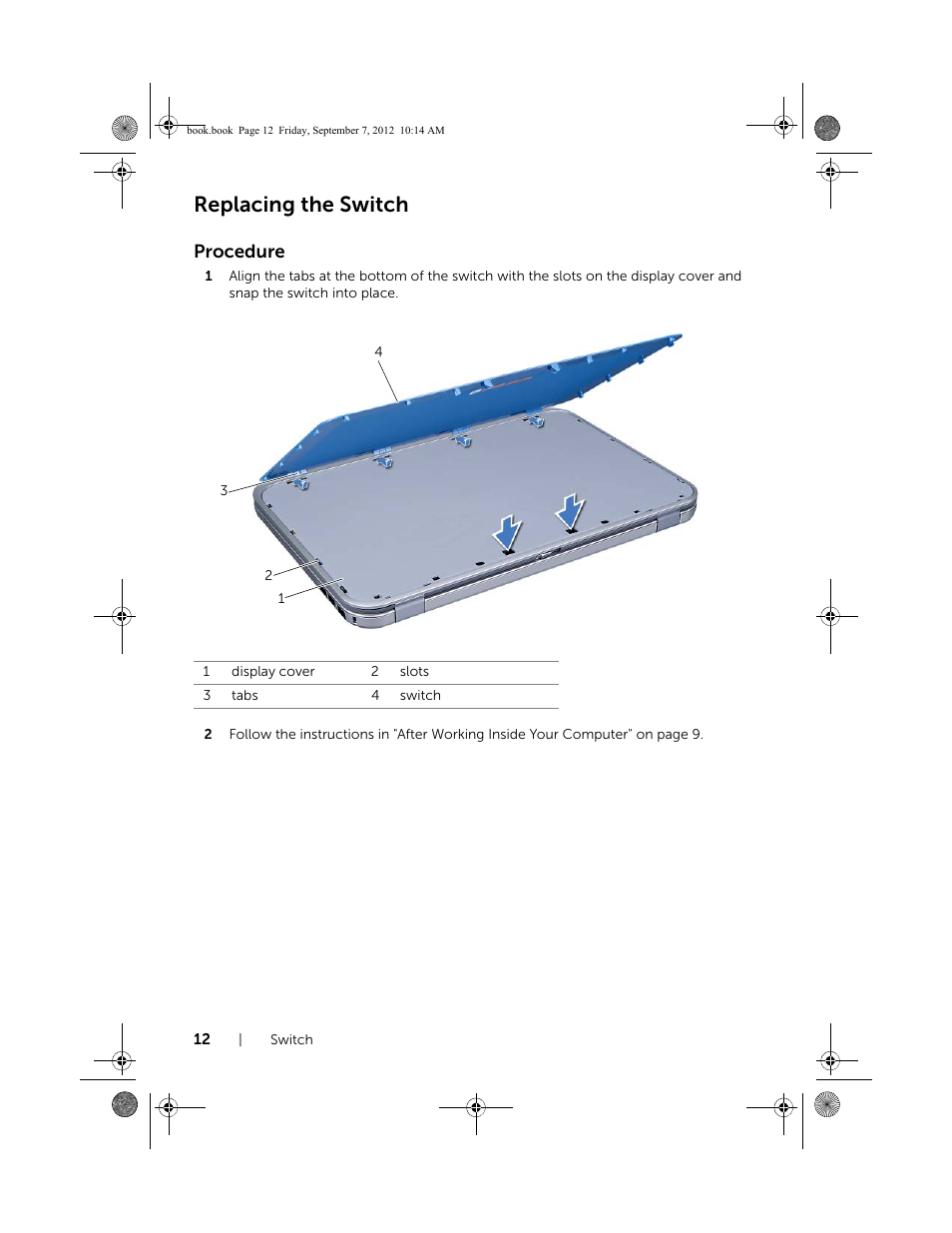 Replacing the switch, Procedure | Dell Inspiron M521R (5525, Mid 2012) User Manual | Page 12 / 84