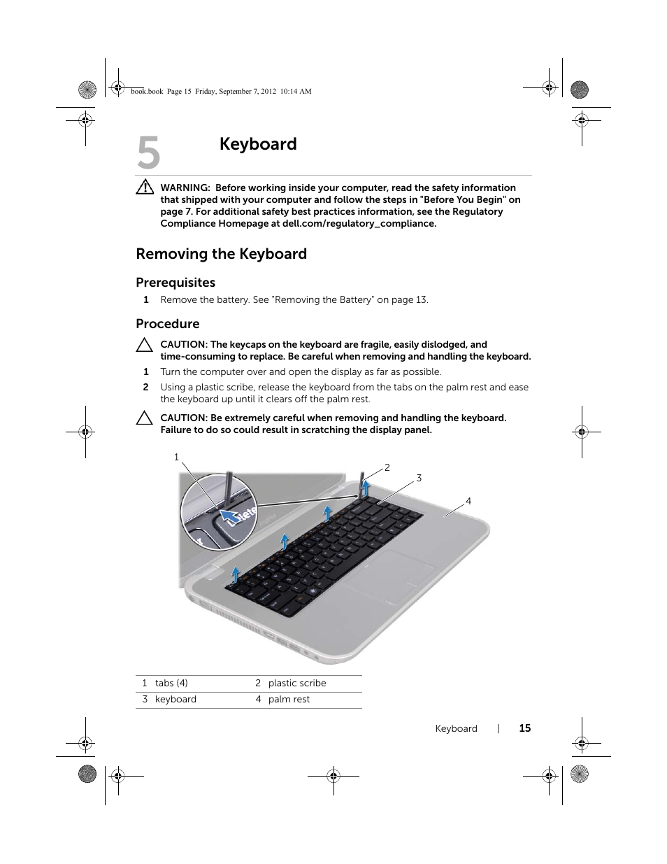 Keyboard, Removing the keyboard | Dell Inspiron M521R (5525, Mid 2012) User Manual | Page 15 / 84