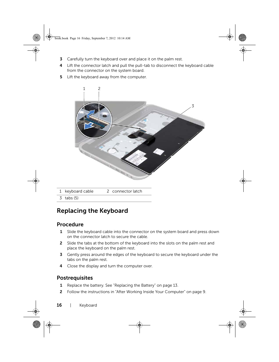 Replacing the keyboard, Procedure, Postrequisites | Dell Inspiron M521R (5525, Mid 2012) User Manual | Page 16 / 84