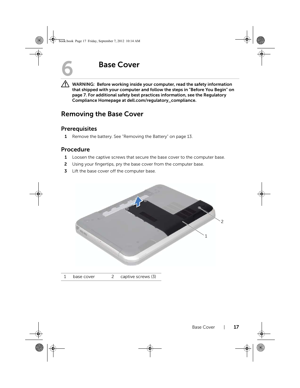 Base cover, Removing the base cover | Dell Inspiron M521R (5525, Mid 2012) User Manual | Page 17 / 84