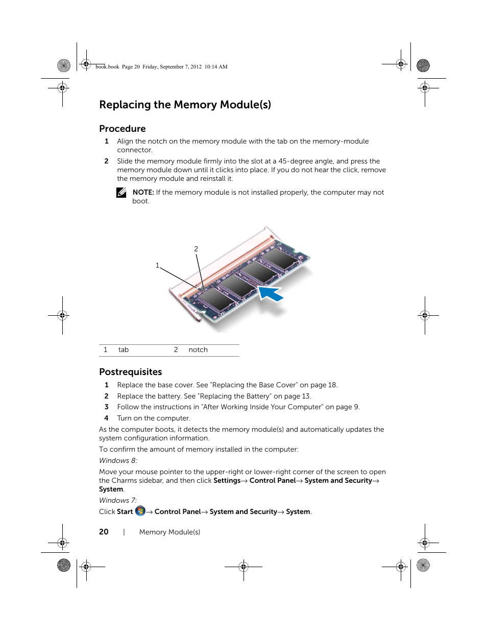 Replacing the memory module(s), Procedure, Postrequisites | Dell Inspiron M521R (5525, Mid 2012) User Manual | Page 20 / 84