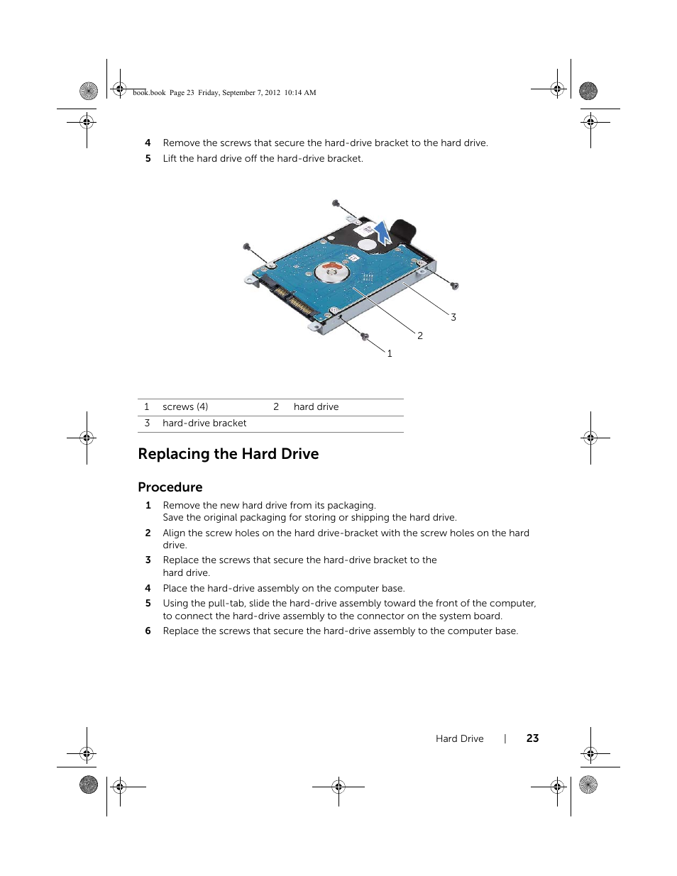 Replacing the hard drive, Procedure | Dell Inspiron M521R (5525, Mid 2012) User Manual | Page 23 / 84
