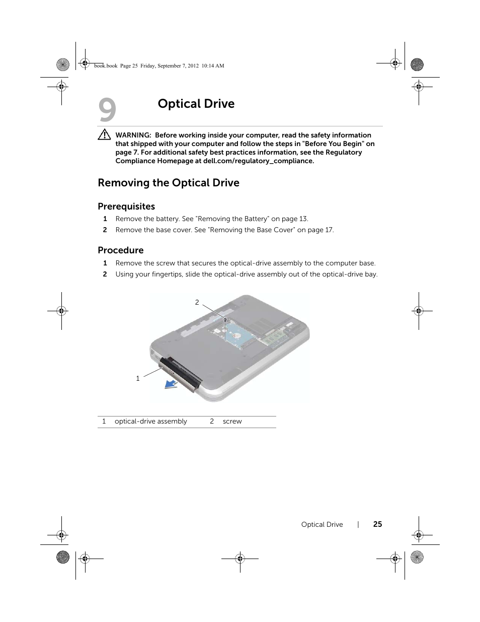Optical drive, Removing the optical drive | Dell Inspiron M521R (5525, Mid 2012) User Manual | Page 25 / 84