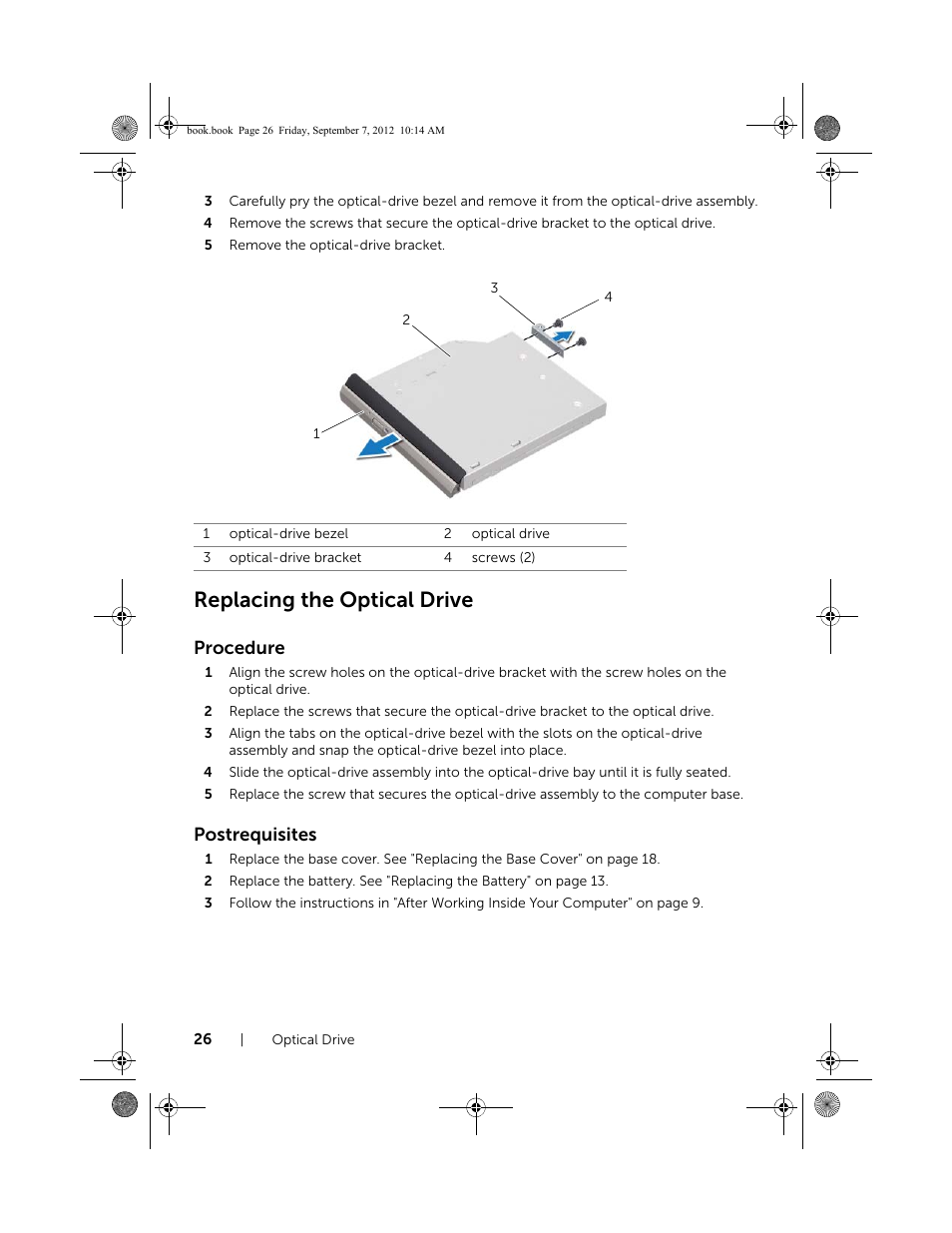 Replacing the optical drive, Procedure, Postrequisites | Dell Inspiron M521R (5525, Mid 2012) User Manual | Page 26 / 84