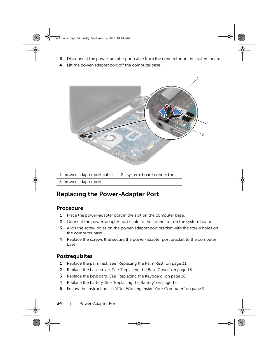 Replacing the power-adapter port, Procedure, Postrequisites | Dell Inspiron M521R (5525, Mid 2012) User Manual | Page 34 / 84