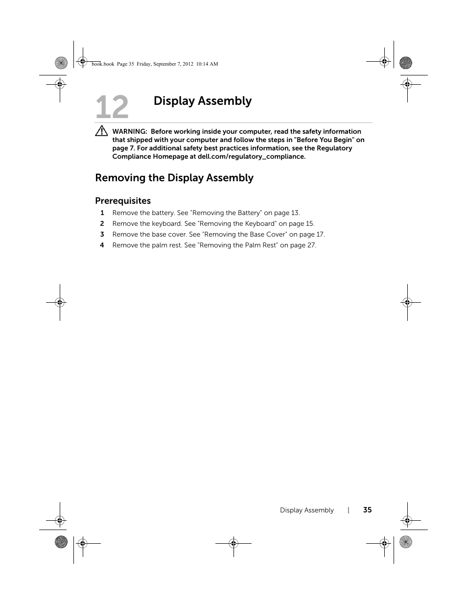 Display assembly, Removing the display assembly | Dell Inspiron M521R (5525, Mid 2012) User Manual | Page 35 / 84