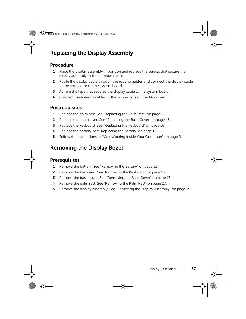 Replacing the display assembly, Removing the display bezel | Dell Inspiron M521R (5525, Mid 2012) User Manual | Page 37 / 84