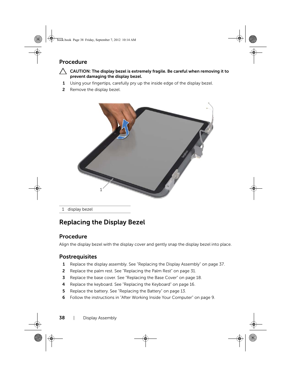 Replacing the display bezel | Dell Inspiron M521R (5525, Mid 2012) User Manual | Page 38 / 84