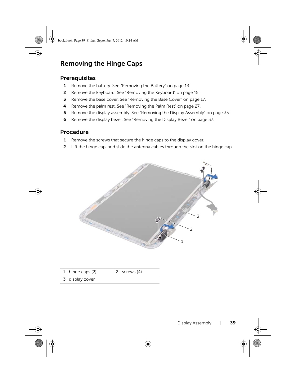 Removing the hinge caps, Prerequisites, Procedure | Dell Inspiron M521R (5525, Mid 2012) User Manual | Page 39 / 84