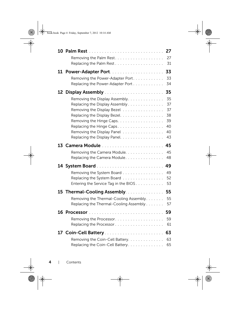 10 palm rest, 11 power-adapter port, 12 display assembly | 13 camera module, 14 system board, 15 thermal-cooling assembly, 16 processor, 17 coin-cell battery | Dell Inspiron M521R (5525, Mid 2012) User Manual | Page 4 / 84