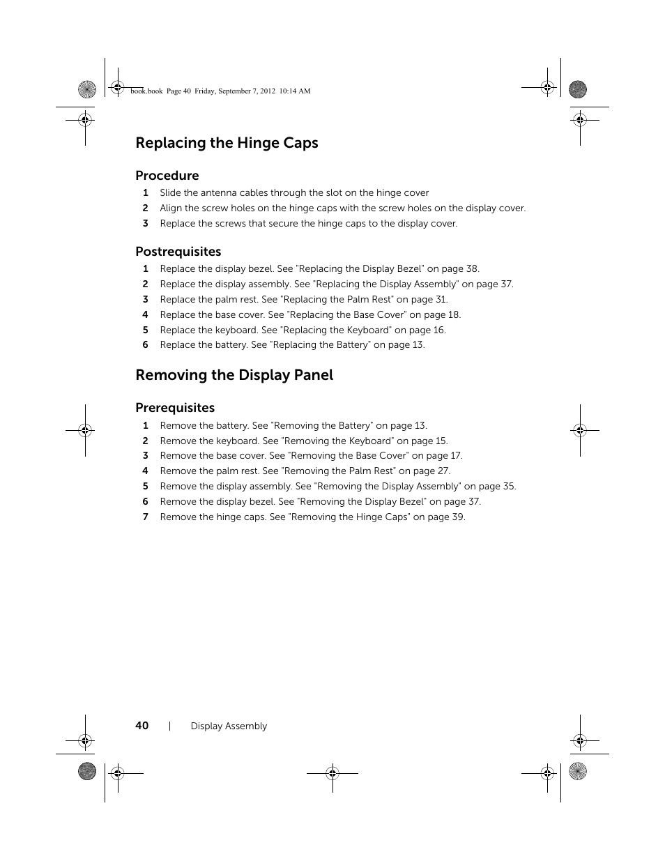 Replacing the hinge caps, Removing the display panel | Dell Inspiron M521R (5525, Mid 2012) User Manual | Page 40 / 84