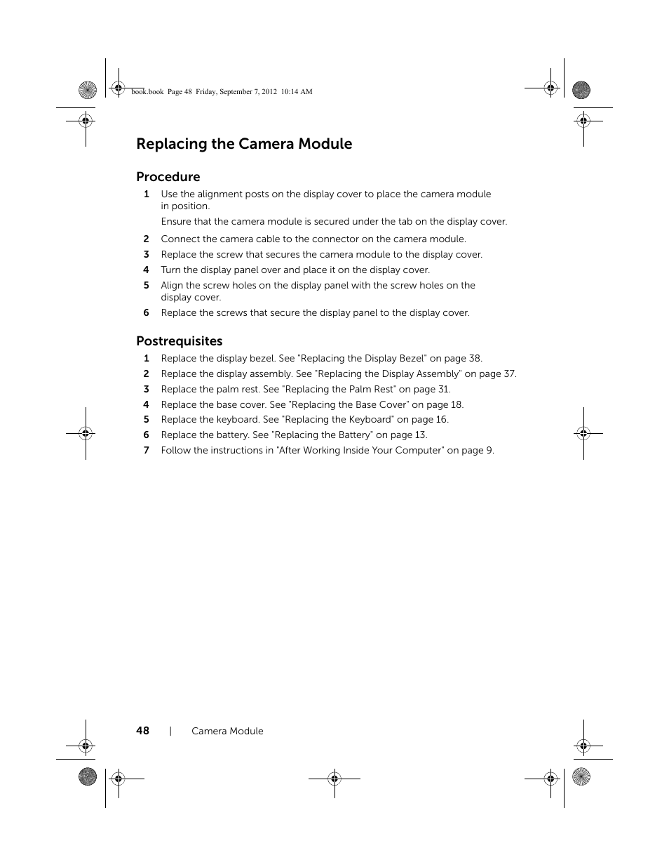 Replacing the camera module, Procedure, Postrequisites | Dell Inspiron M521R (5525, Mid 2012) User Manual | Page 48 / 84
