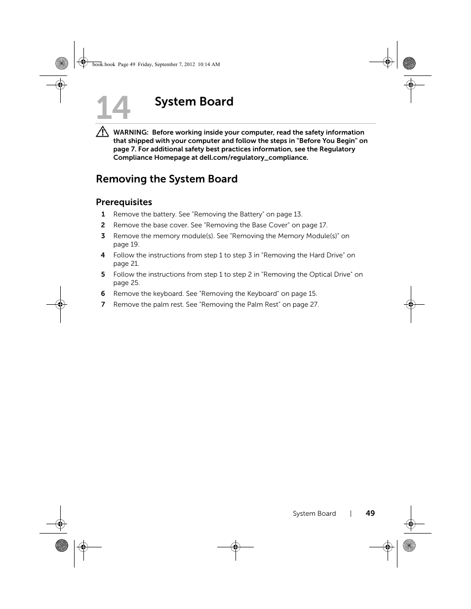 System board, Removing the system board | Dell Inspiron M521R (5525, Mid 2012) User Manual | Page 49 / 84