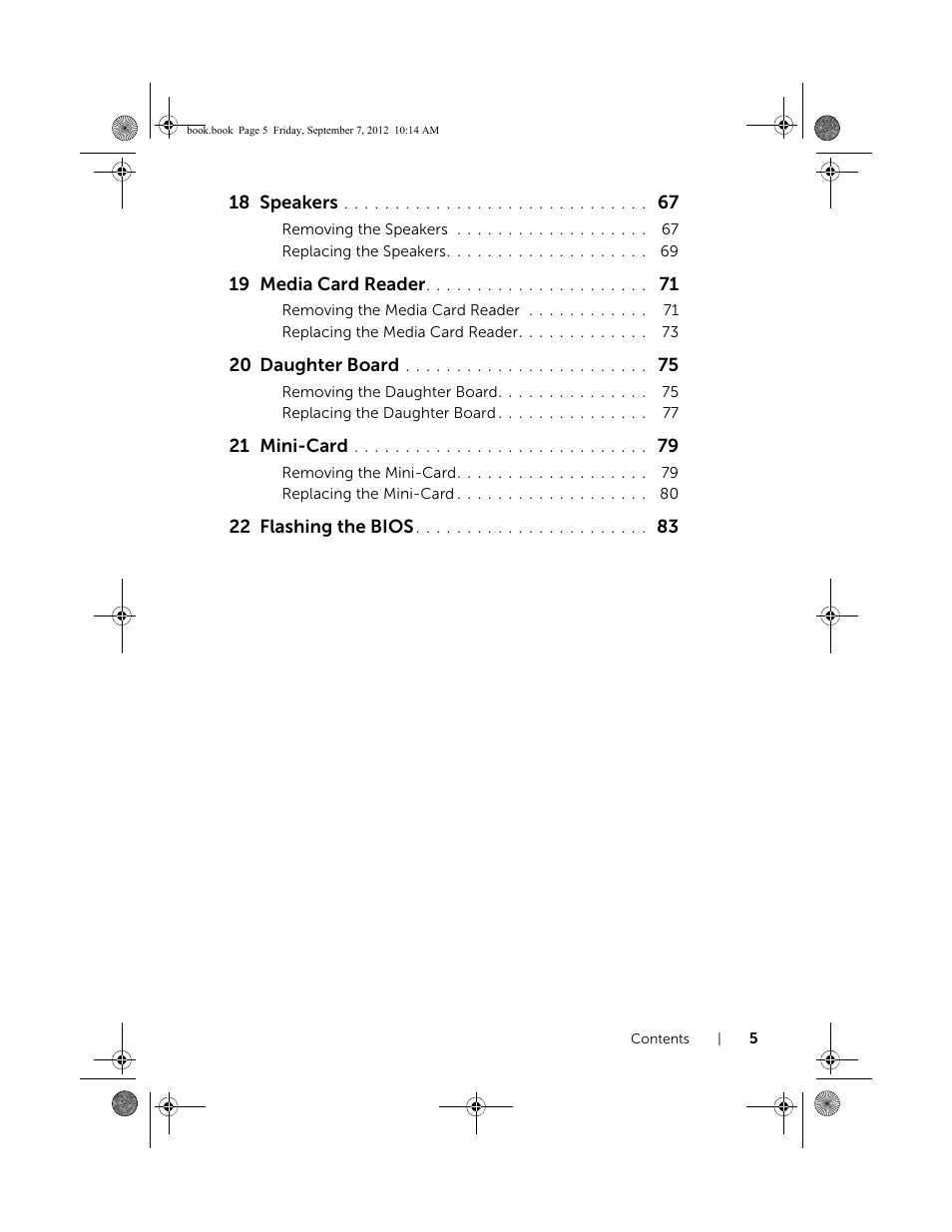18 speakers, 19 media card reader, 20 daughter board | 21 mini-card, 22 flashing the bios | Dell Inspiron M521R (5525, Mid 2012) User Manual | Page 5 / 84