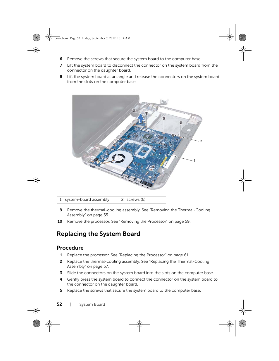 Replacing the system board, Procedure | Dell Inspiron M521R (5525, Mid 2012) User Manual | Page 52 / 84