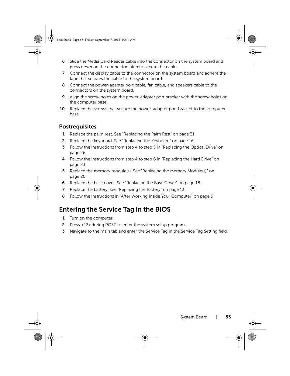 Entering the service tag in the bios, Postrequisites | Dell Inspiron M521R (5525, Mid 2012) User Manual | Page 53 / 84