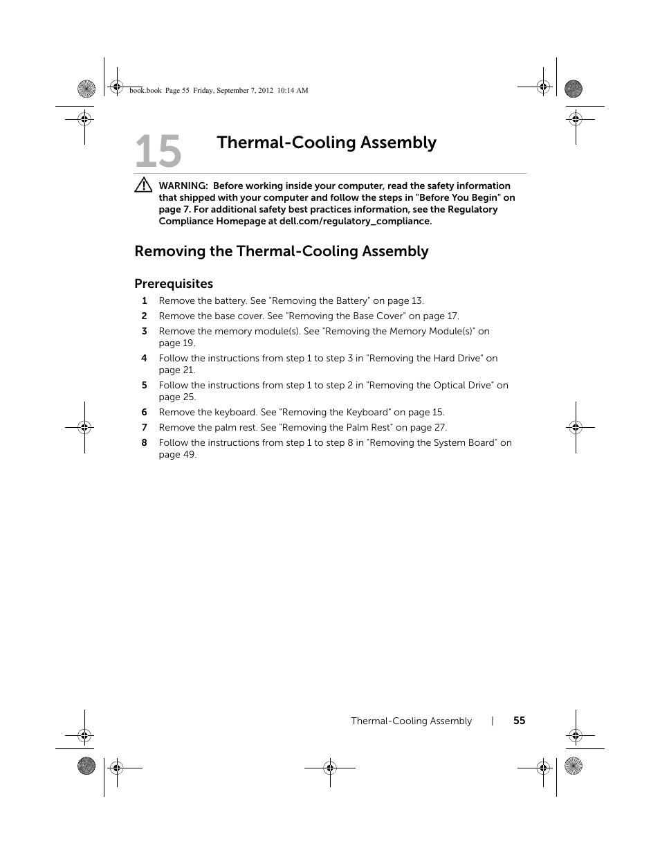 Thermal-cooling assembly, Removing the thermal-cooling assembly | Dell Inspiron M521R (5525, Mid 2012) User Manual | Page 55 / 84