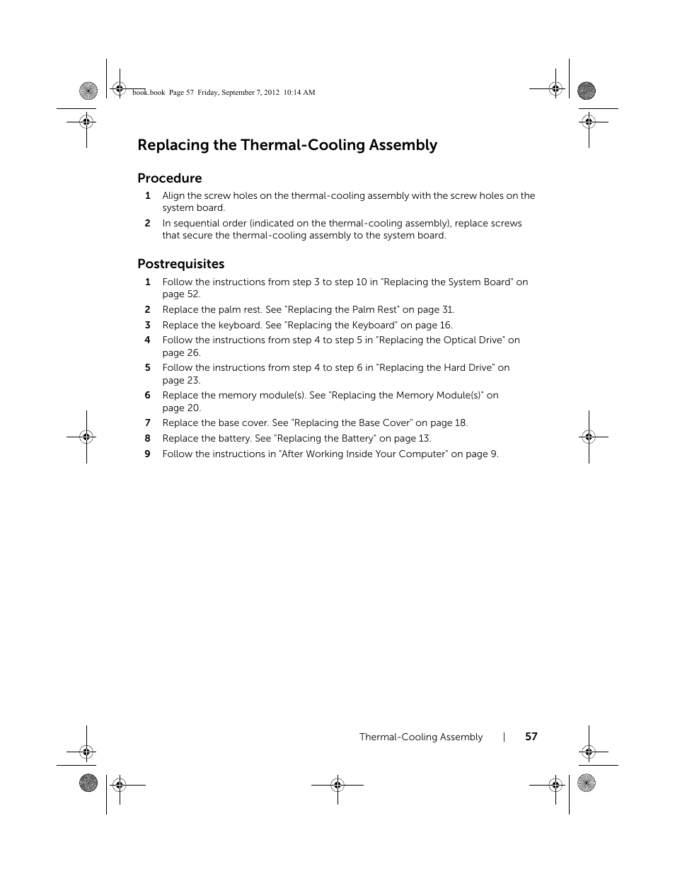 Replacing the thermal-cooling assembly, Procedure, Postrequisites | Dell Inspiron M521R (5525, Mid 2012) User Manual | Page 57 / 84