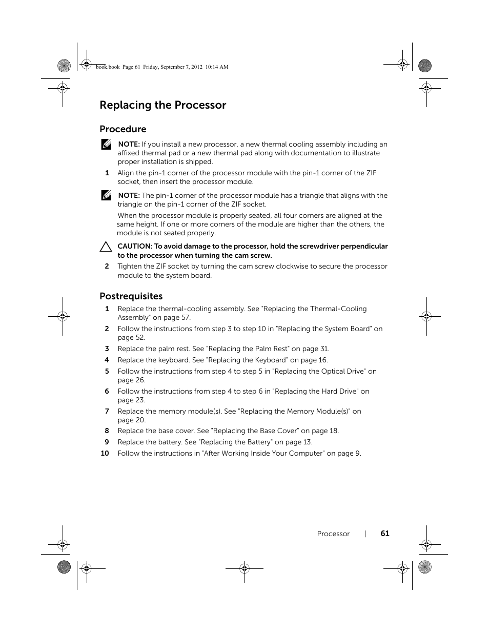 Replacing the processor, Procedure, Postrequisites | Dell Inspiron M521R (5525, Mid 2012) User Manual | Page 61 / 84