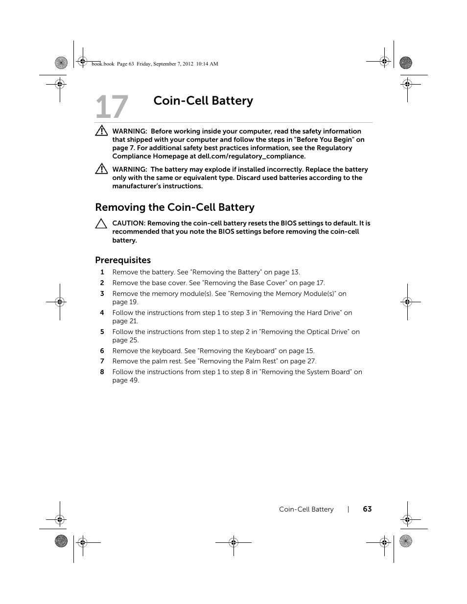 Coin-cell battery, Removing the coin-cell battery | Dell Inspiron M521R (5525, Mid 2012) User Manual | Page 63 / 84