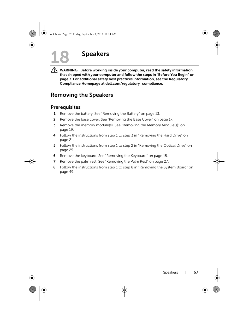 Speakers, Removing the speakers | Dell Inspiron M521R (5525, Mid 2012) User Manual | Page 67 / 84