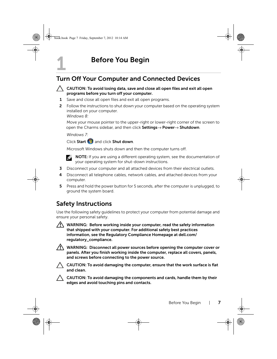 Before you begin, Turn off your computer and connected devices, Safety instructions | Dell Inspiron M521R (5525, Mid 2012) User Manual | Page 7 / 84