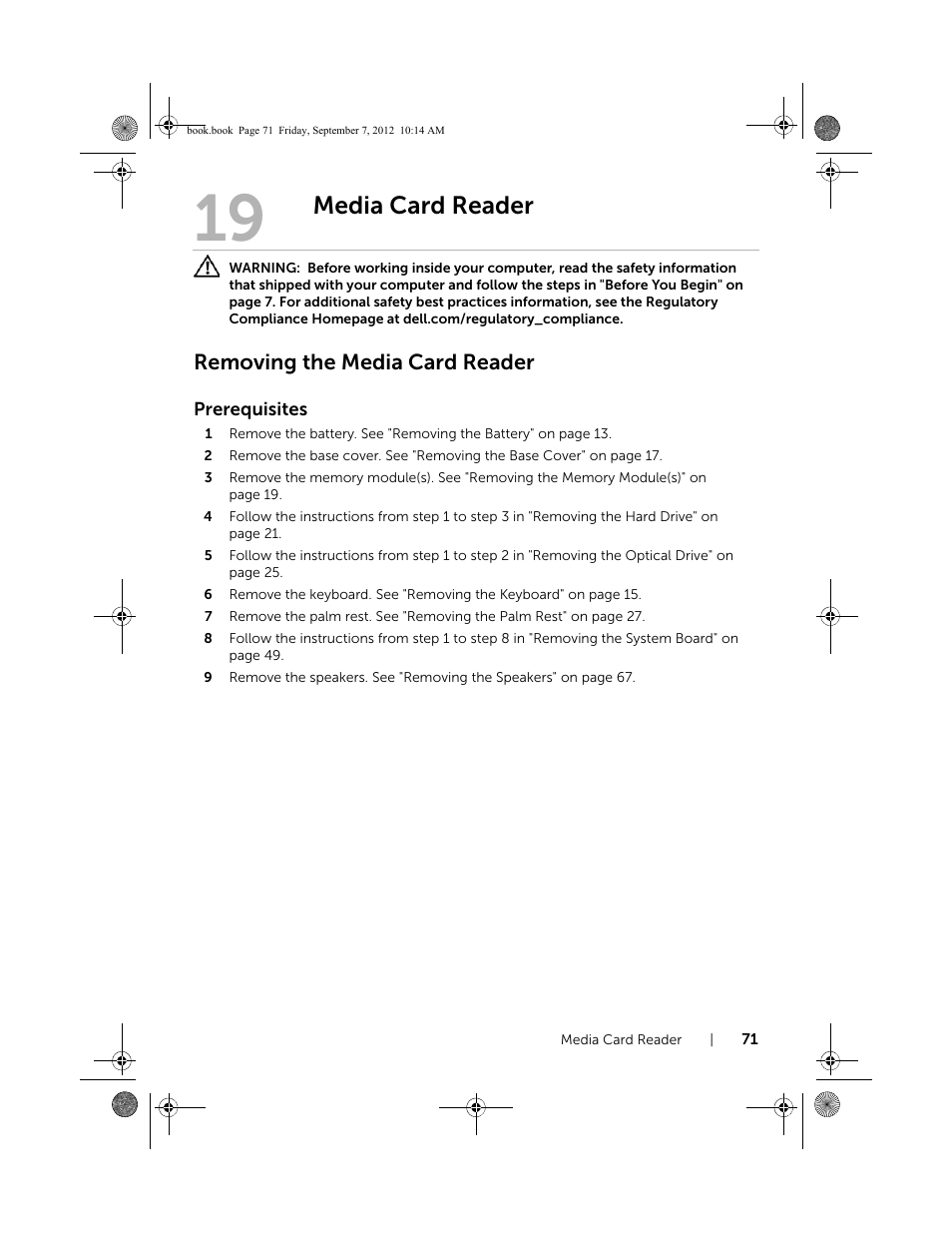 Media card reader, Removing the media card reader | Dell Inspiron M521R (5525, Mid 2012) User Manual | Page 71 / 84