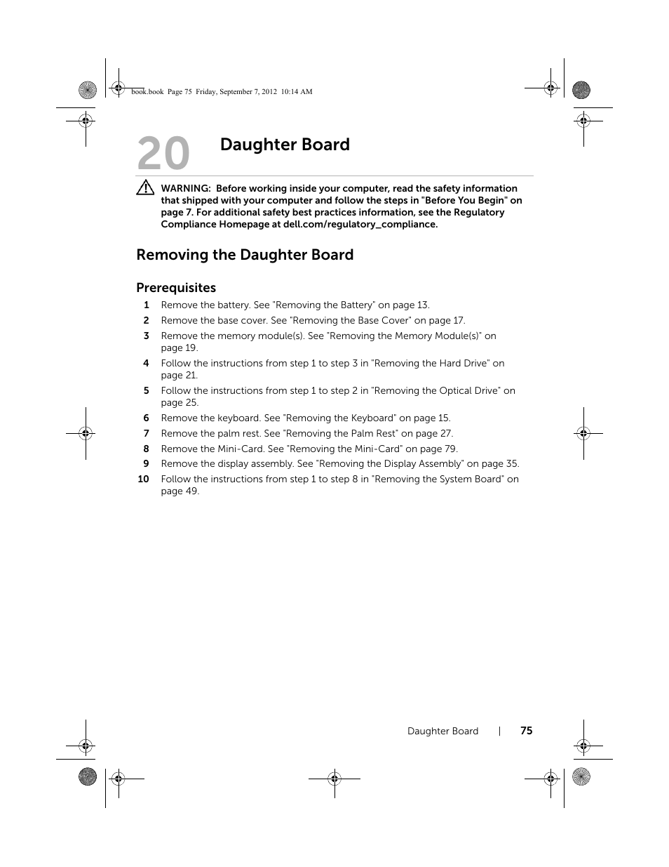 Daughter board, Removing the daughter board | Dell Inspiron M521R (5525, Mid 2012) User Manual | Page 75 / 84
