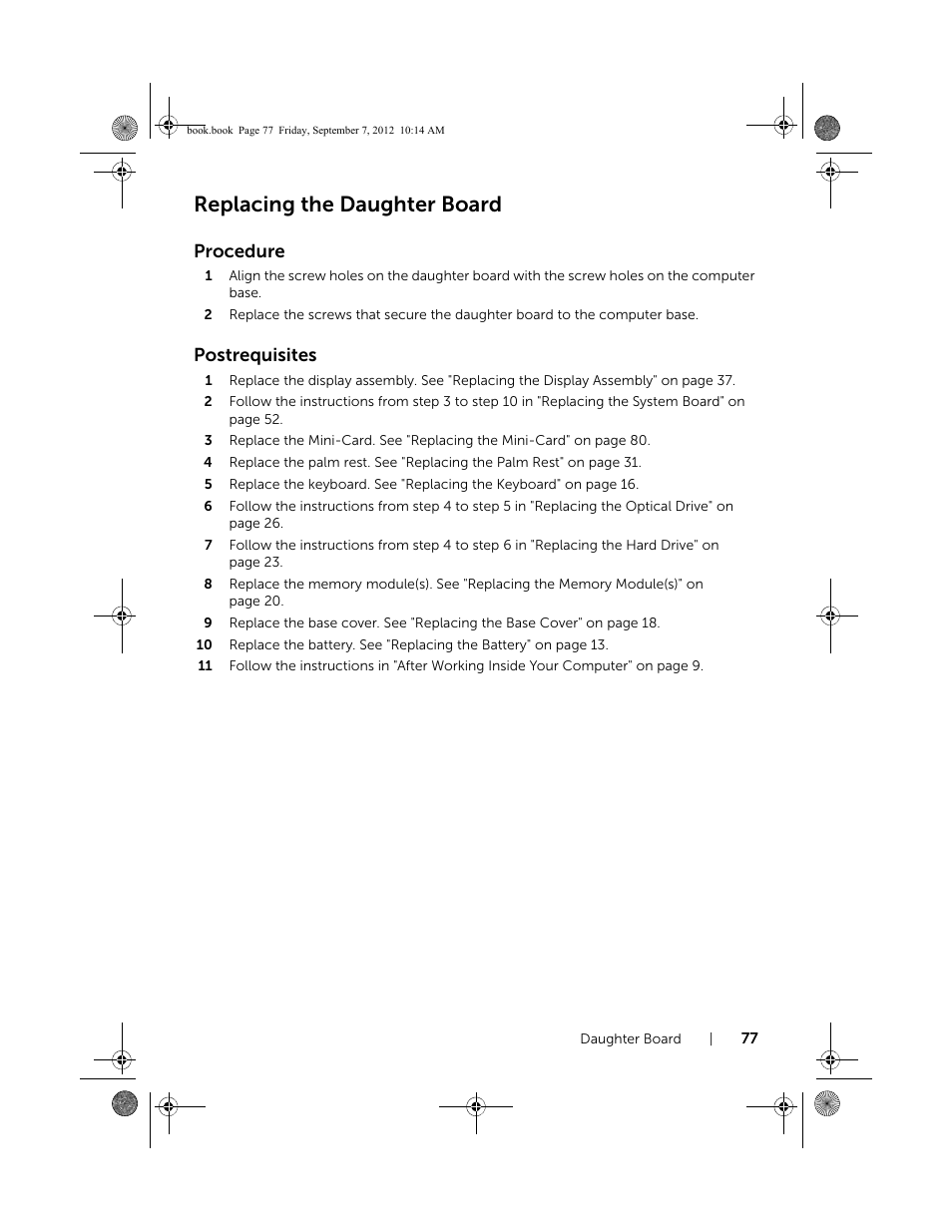 Replacing the daughter board, Procedure, Postrequisites | Dell Inspiron M521R (5525, Mid 2012) User Manual | Page 77 / 84