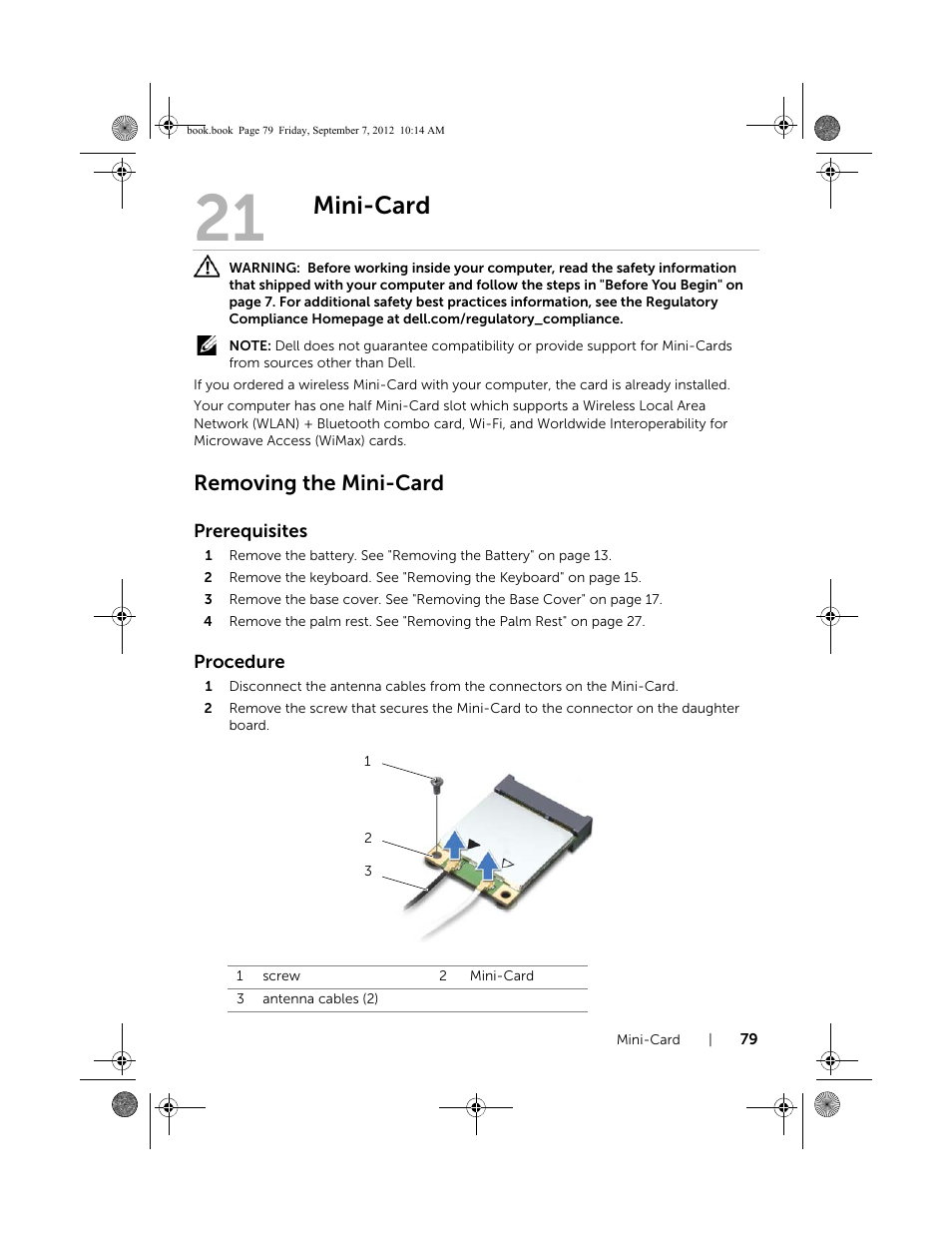 Mini-card, Removing the mini-card | Dell Inspiron M521R (5525, Mid 2012) User Manual | Page 79 / 84