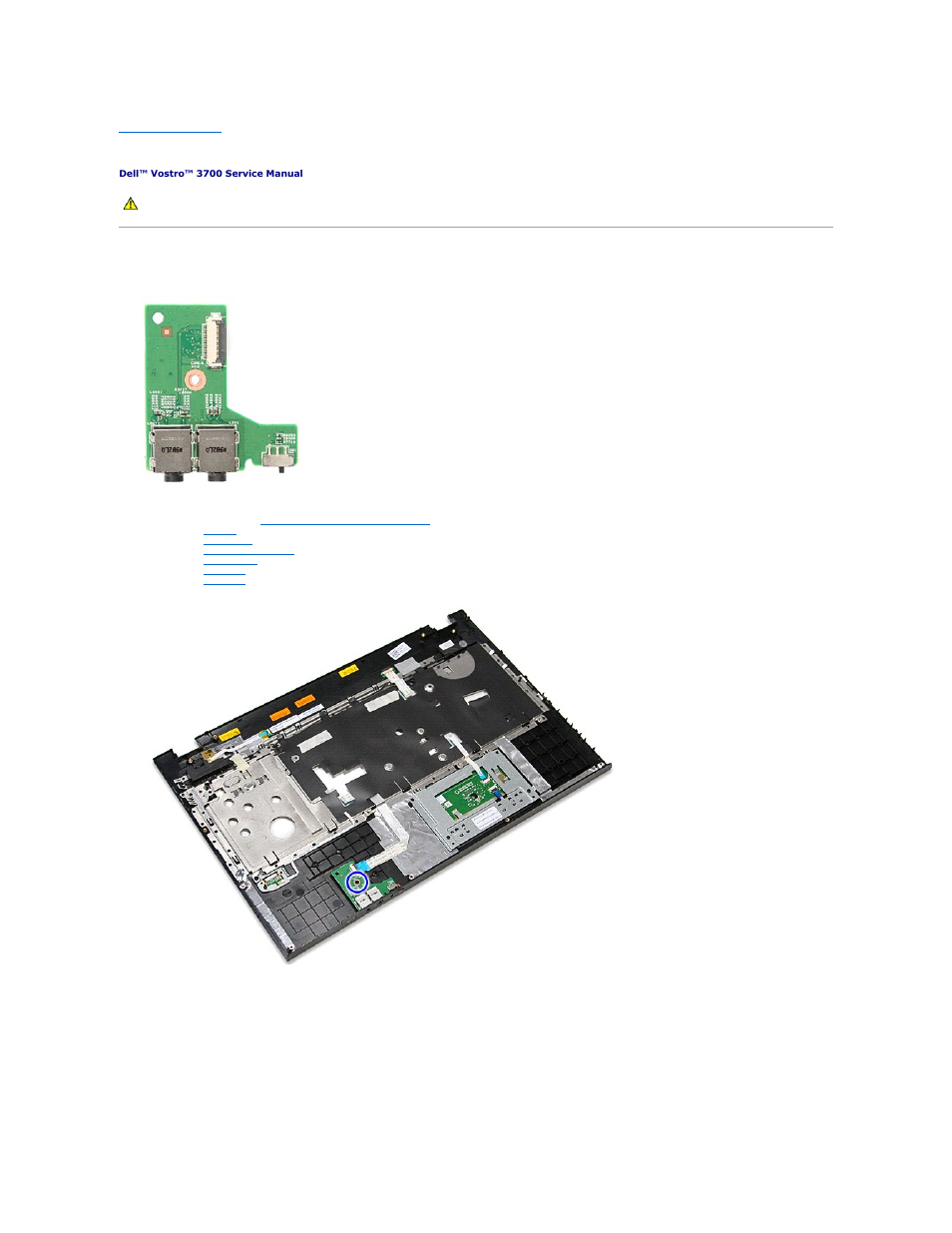 Audio board, Removing the audio board | Dell Vostro 3700 (Early 2010) User Manual | Page 2 / 77
