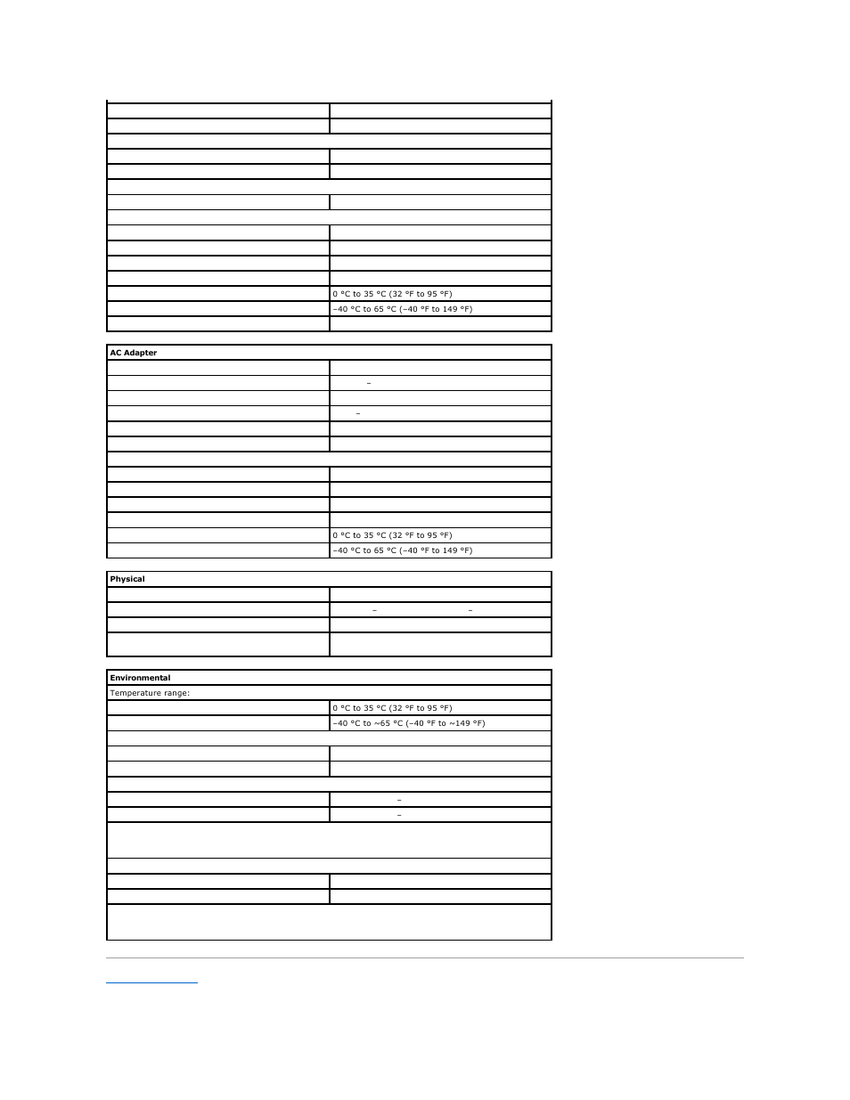 Ac adapter, Physical, Environmental | Dell Vostro 3700 (Early 2010) User Manual | Page 70 / 77